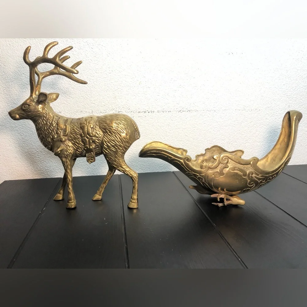VINTAGE  LARGE BRASS REINDEER SLEIGH CHERUB SET CHRISTMAS HEAVY